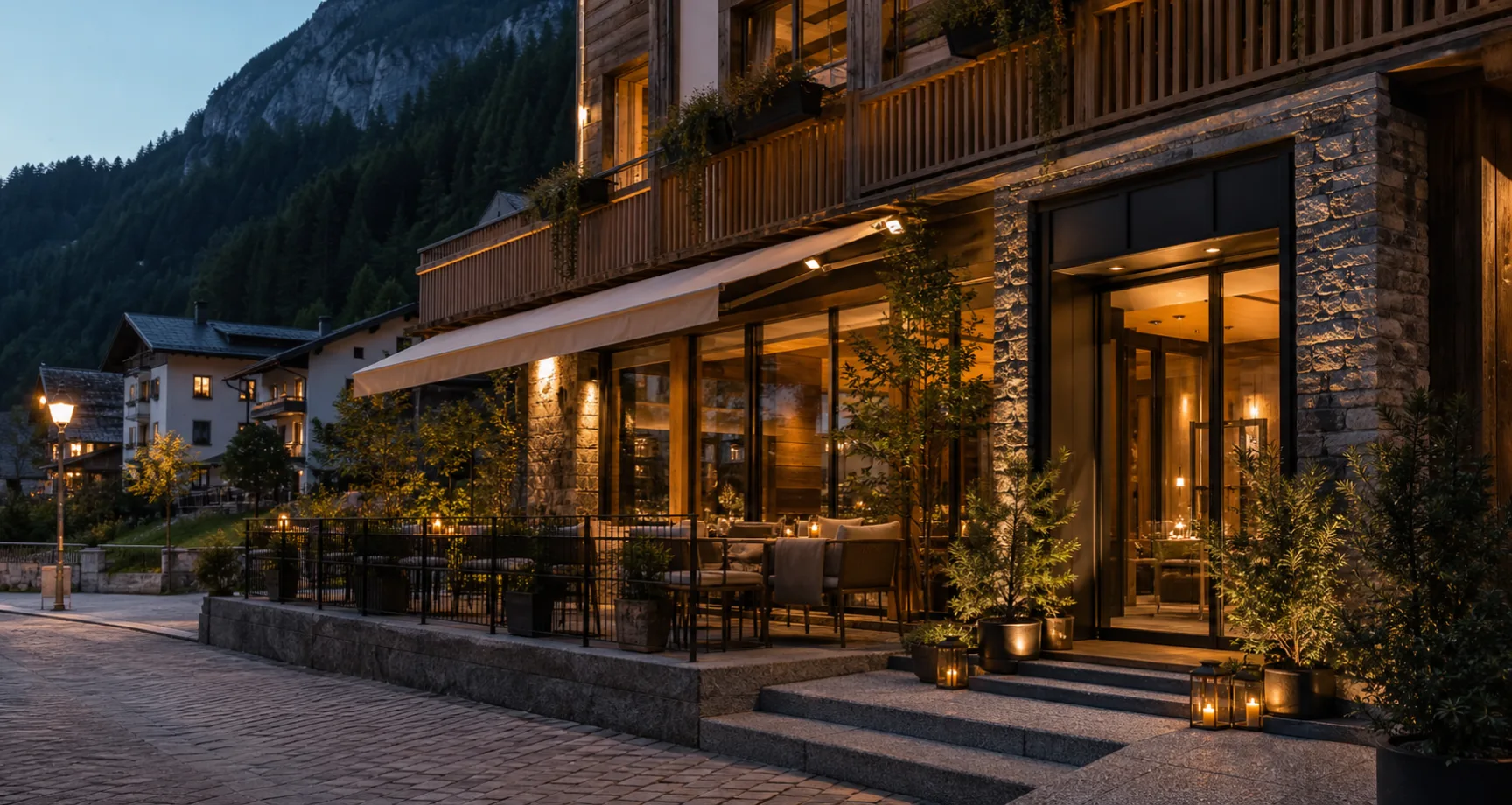 A welcoming Alpine hospitality business at early evening